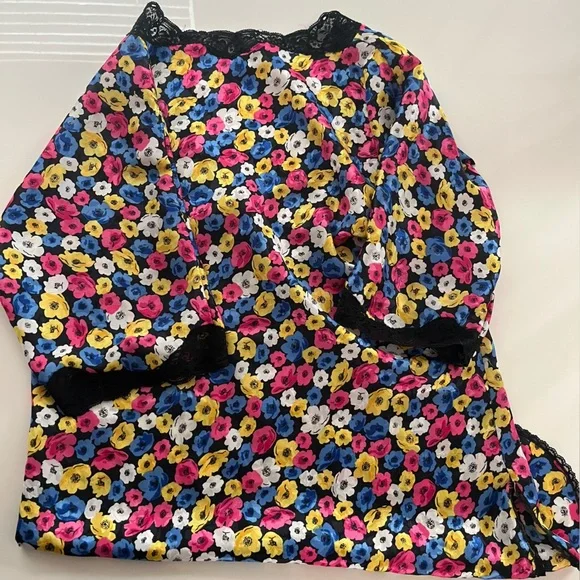 VTG Christian Dior Lingerie Multicolor Floral Satin Nightie Top with Black Lace - Picture 2 of 6